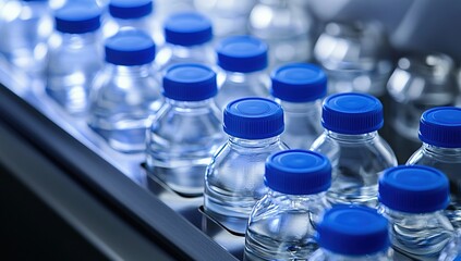 Precisely Bottled Liquids in a Row, Efficiently Conveyed on a Conveyor, Scientifically Prepared for Research, Carefully.  Automated Liquid Handling System.