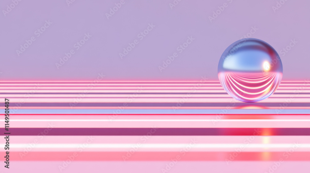 Poster quantum, a reflective sphere on a striped surface, with a gradient background, creating a modern and