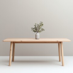 Modern Minimalist Wooden Table with Greenery and Neutral Background