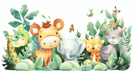 Naklejka premium A cartoon illustration of cute jungle animals.