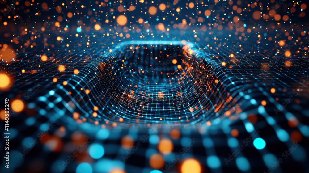 Poster quantum, a mesmerizing digital landscape with glowing particles and a grid structure, evoking a sens
