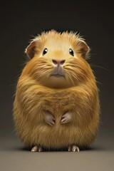 A cute, fluffy guinea pig with a rounded body and expressive eyes against a dark background.