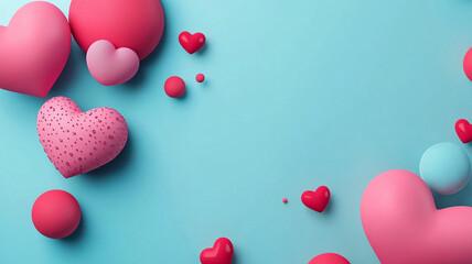 Obraz premium pastel pink and red heart themed Valentine Day banner on light blue background, featuring various sizes of hearts and spheres, creating playful and romantic atmosphere