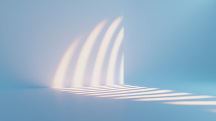 Quantum, Soft light beams create a serene atmosphere, casting gentle shadows against a minimalist blue background, evoking calm and tranquility.