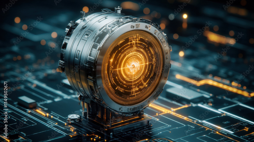 Poster quantum, a futuristic device with a glowing core sits against a high-tech circuit board background, 