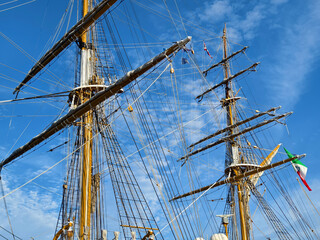 Ropes stretched across the masts of an old ship