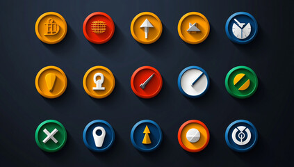 Colorful flat design icons for project management on dark background, showcasing various symbols like arrows, clocks, and location markers, each in vibrant circular frames