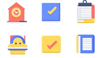 Flat design icons for project management include clock, checklist, clipboard, stamp, and notebook, showcasing essential tools for organization and productivity