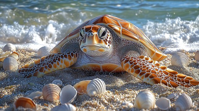 Beautiful Sea Turtle Waves Sand Shells Coastal Marine Life Scene Illustration
