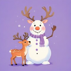 Snowy Scene: A Snowman and a Deer Together