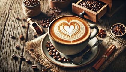 Cup of Coffee with Heart Latte Art on Rustic Wooden Table