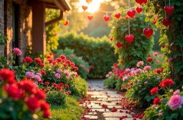 Fototapeta premium garden with red flowers decorated with love symbols for valentine's day