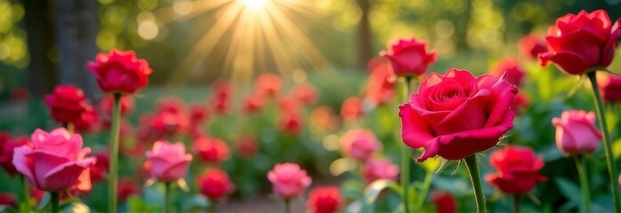 Obraz premium garden with red flowers decorated with love symbols for valentine's day