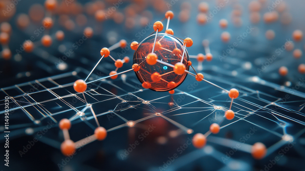 Aufkleber quantum, 3d visualization of molecular structures with interconnected nodes and a central sphere, re