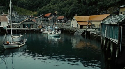 Obraz premium Picturesque Coastal Village Harbor with Boats