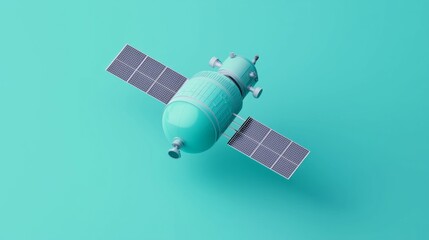 Obraz premium Unique turquoise satellite in orbit with solar panels reflecting bright light against a teal background