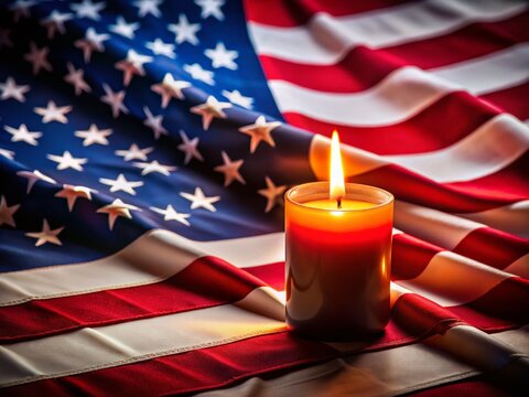 Patriotic Candlelight: American Flag with Lit Candle, 4th of July, Independence Day, USA