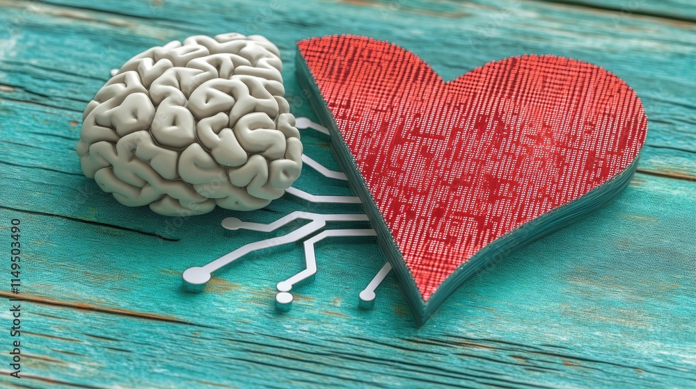 Poster a divided heart symbol with a brain on one side and a digital matrix of binary code on the other.