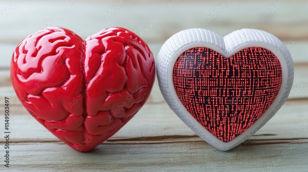 Poster a divided heart symbol with a brain on one side and a digital matrix of binary code on the other.