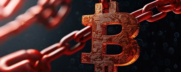 A close-up of a Bitcoin symbol intertwined with a chain, symbolizing the connection between cryptocurrency and blockchain technology.