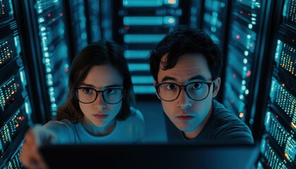 Young professionals examining data in a modern server room