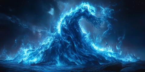 A breathtaking digital artwork depicting a massive blue wave of fire under a starry night sky.