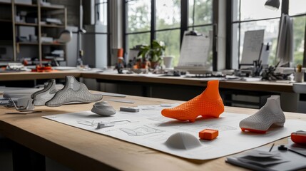 Modern Workspace for Shoe Design Prototypes and Sketches