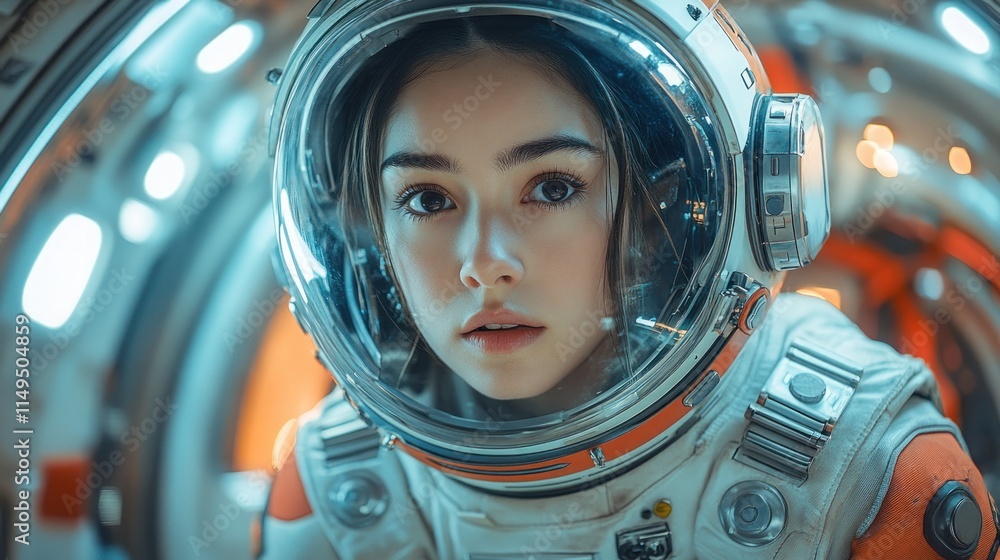 Poster close-up portrait of a female astronaut in a spacesuit inside a spaceship.