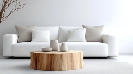 Modern Scandinavian Living Room with Tree Stump Coffee Table and Grey Pillows on White Sofa