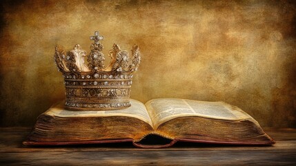 A royal crown and an opened vintage book on a wooden surface, captured in a soft, nostalgic ambiance.