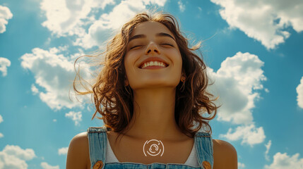 Happy young caucasian female enjoying sunlight under blue sky with clouds
