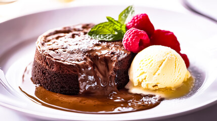 Chocolate fondant lava cake with strawberries and ice cream