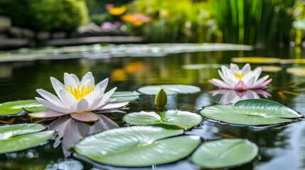 Serene Lake with Iridescent Lily Pads Floating Calmly