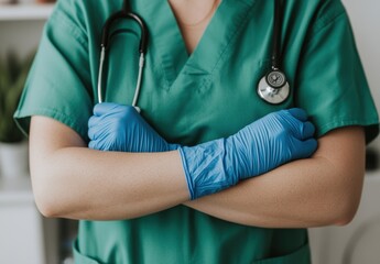 Medical Professional in Green Scrubs with Stethoscope and Gloves