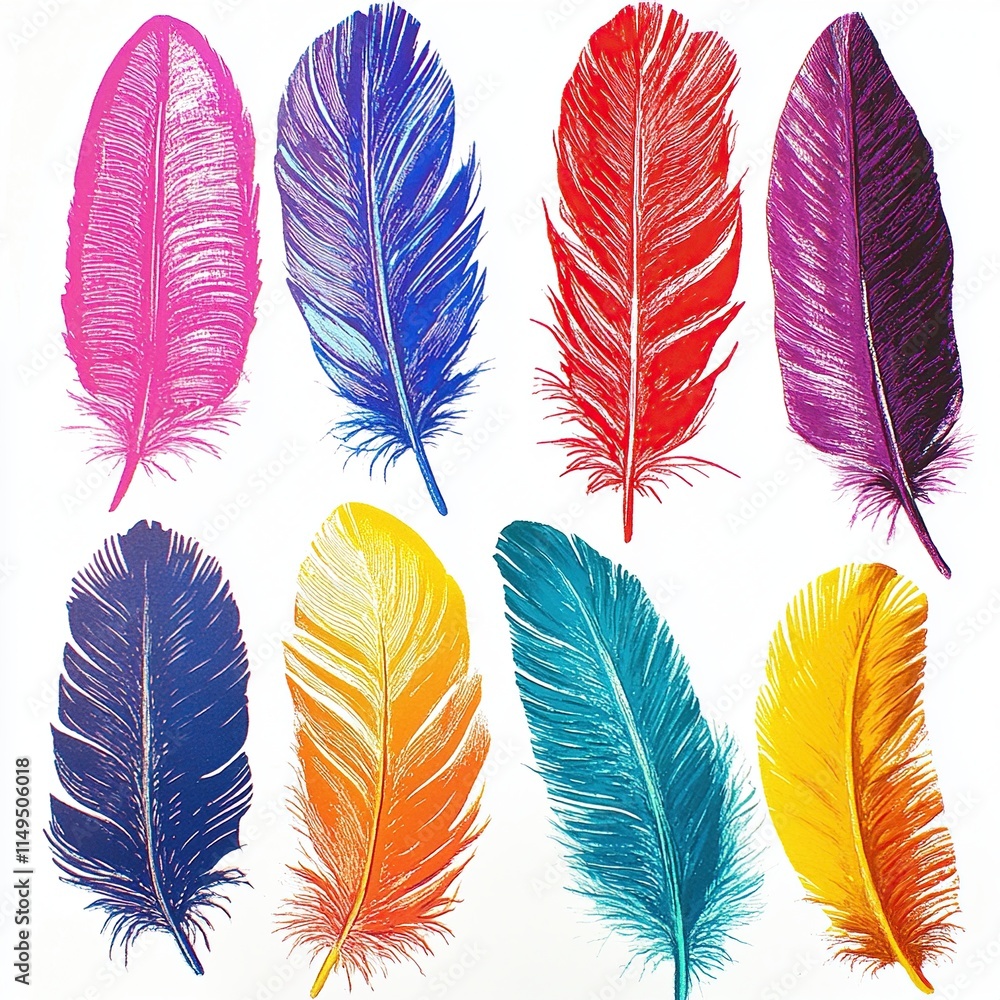 Poster Vibrant Colored Feathers: A Collection of Colorful Bird Feathers Displayed Against a White Background.
