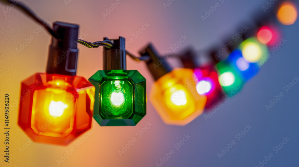 Poster colorful string lights in a diagonal pattern with soft focus