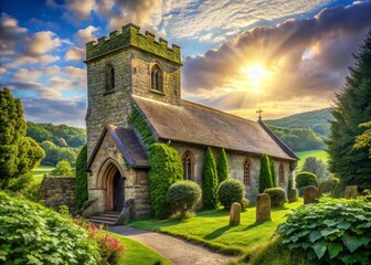 Naklejka premium Picturesque English Country Church in Rolling Hills, Summer Sunlight