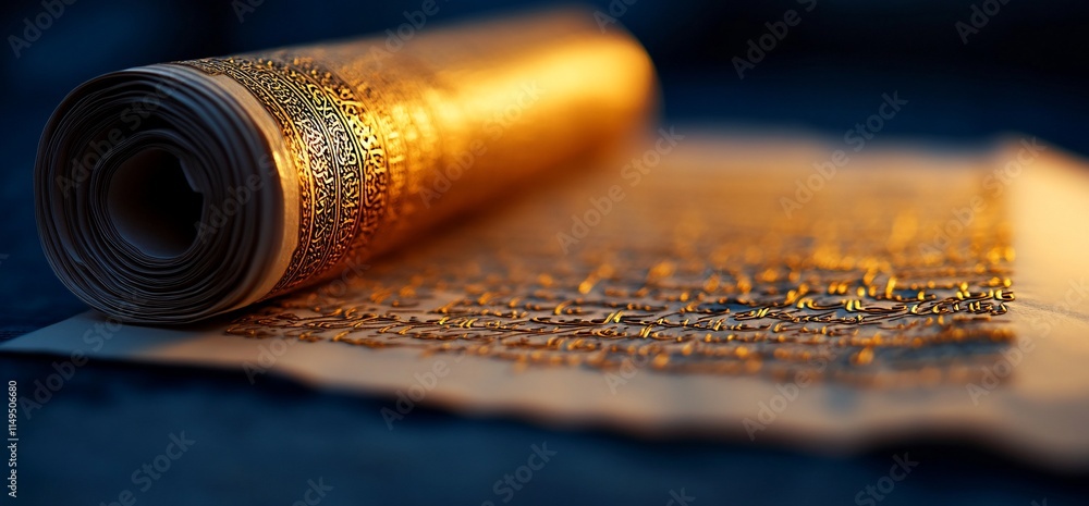 Poster illuminated ancient scroll partially unrolled, showcasing ornate text and gilded edges.