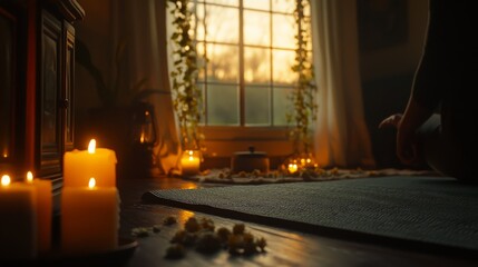 Serene Yoga Practice at Home with Candles and Decor