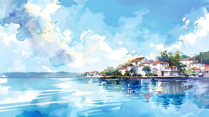 Obraz premium A watercolor painting of a lakeside town with a blue sky and white clouds.