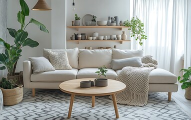 Bright living room with beige sectional sofa, wooden coffee table, plants, and shelves.