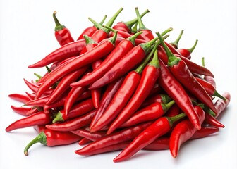 Pile of Red Cayenne Peppers Isolated on White Background - Spicy Chili Stock Photo