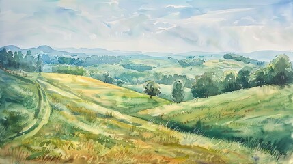 Obraz premium A watercolor painting of a rolling green landscape with a single tree in the middle.