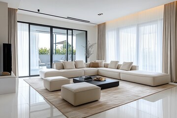 Fototapeta premium Spacious Modern Living Room with Minimalist Interior Design, Sectional Sofa, and Large Windows