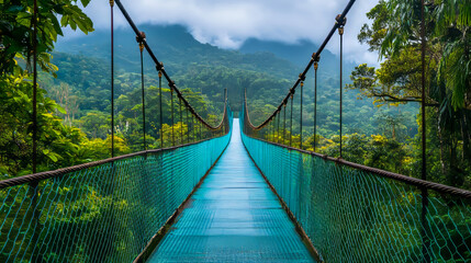 Scenic suspension bridge through lush greenery and misty mountains