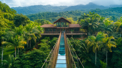 Tropical jungle retreat with glass bridge and mountain view