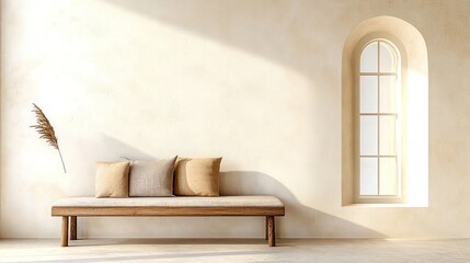 Boho Farmhouse Living Room: Rustic Wooden Bench with Pillows by Arched Window Against Beige Stucco Wall