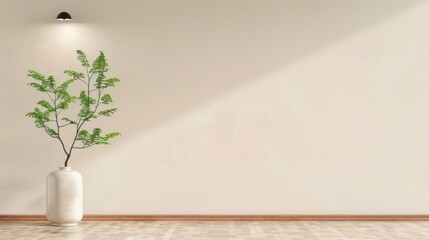 Fototapeta premium Beige Wall Interior with Green Branch Vase - 3D Rendered Background