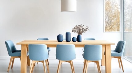 Scandinavian Dining Room with Blue Chairs and Wooden Table by Window