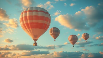 Fototapeta premium Four hot air balloons soar through a sunset sky.